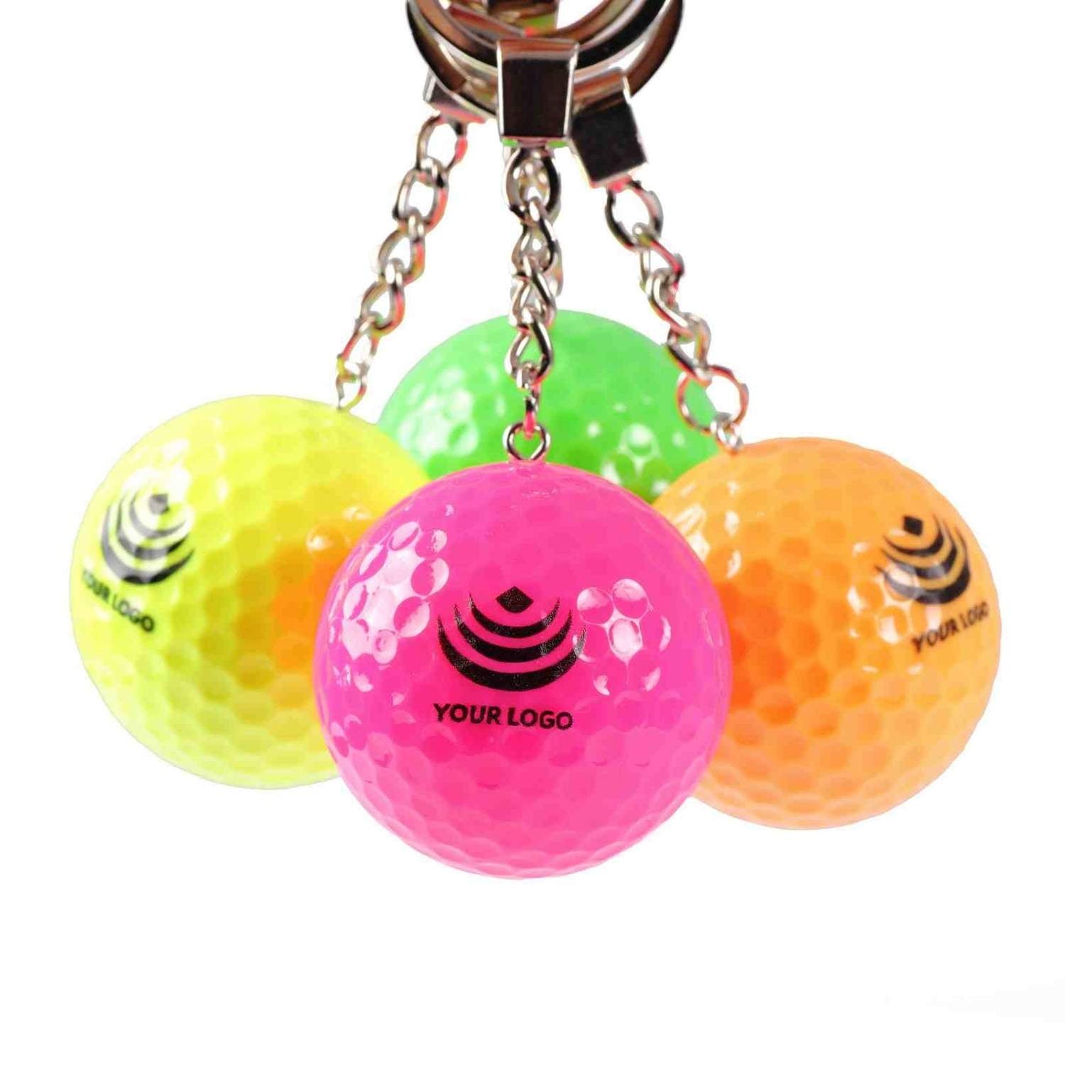 Four hanging mini golf balls in vibrant orange, pink, green, and yellow, featuring a generic logo and text of 'your logo' logo as placeholder branding